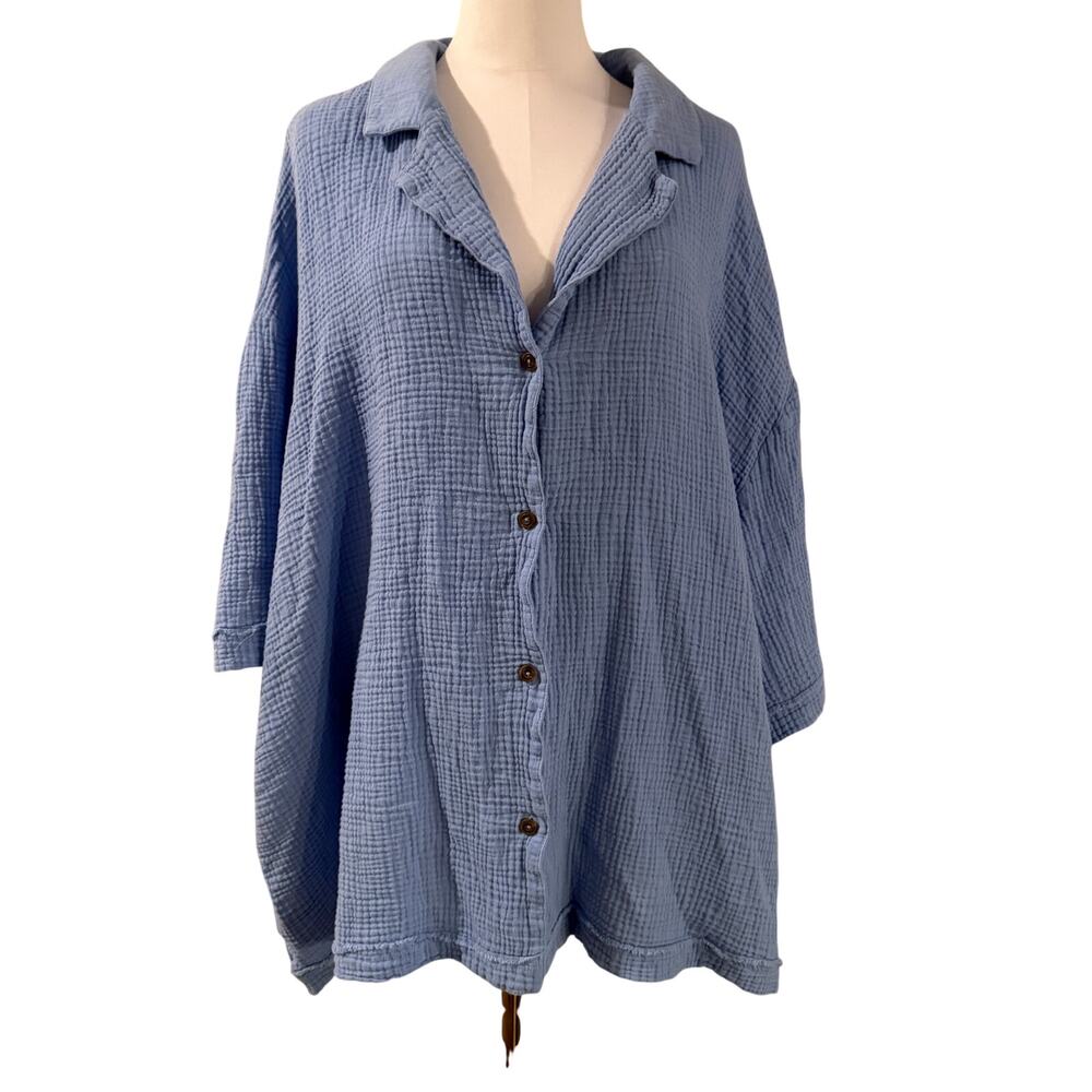 ASOS Curve 3x Cotton Gauze Oversized Light Blue Button Up Shirt Relaxed Summer